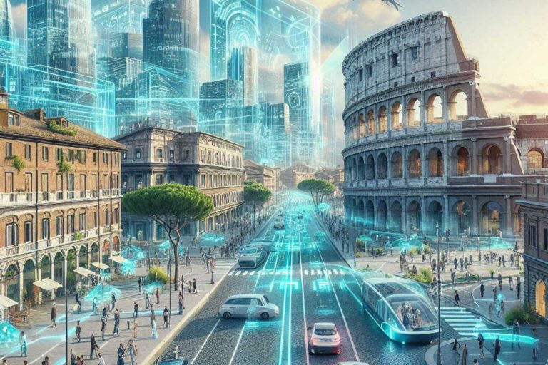 Immagine futuristica di Roma, dove l'antico Colosseo si mescola con grattacieli high-tech e infrastrutture digitali avanzate, con strade piene di veicoli autonomi e ologrammi.