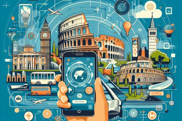 Icone storiche di Roma, come il Colosseo, combinate con elementi tecnologici moderni, come app e biglietti digitali, per rappresentare l'innovazione nel turismo romano